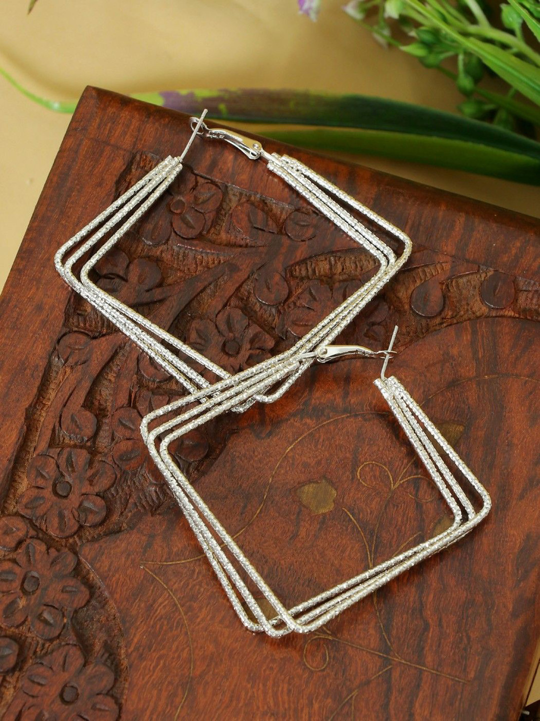 Zoey Brass-Plated Metalic Multi Layer Square Shaped Hoop Earrings