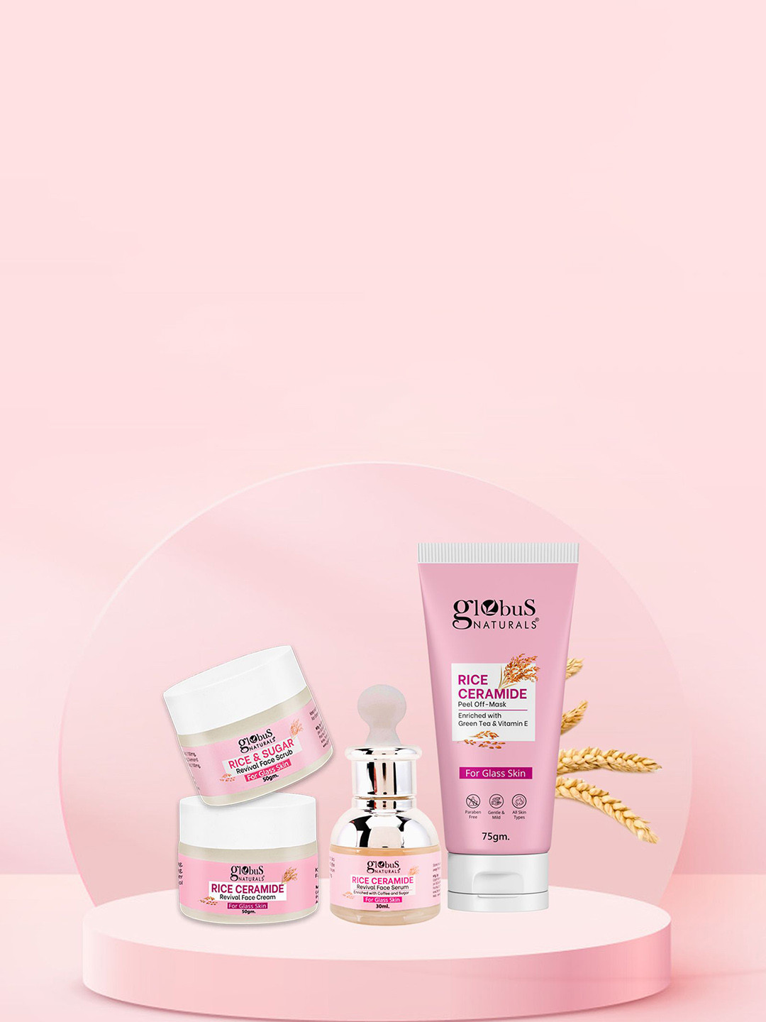 Globus naturals Set Of 4 Rice Ceramide Face Scrub-50g, Serum-30g, Cream-50g & Peel & Mask
