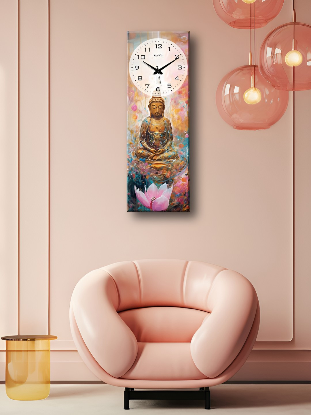 OLIVE TREE Pink & Yellow Lord Buddha Printed Rectangle Shaped Wooden Analogue Wall Clock