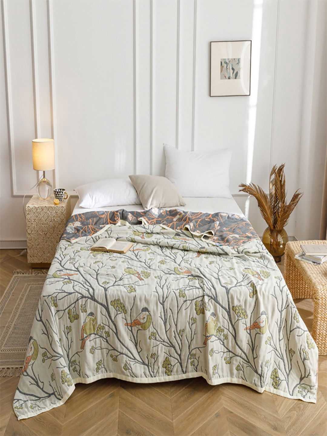 JC HOME White & Grey Tropical 350 GSM AC Room Pure Cotton Single Bed Quilt