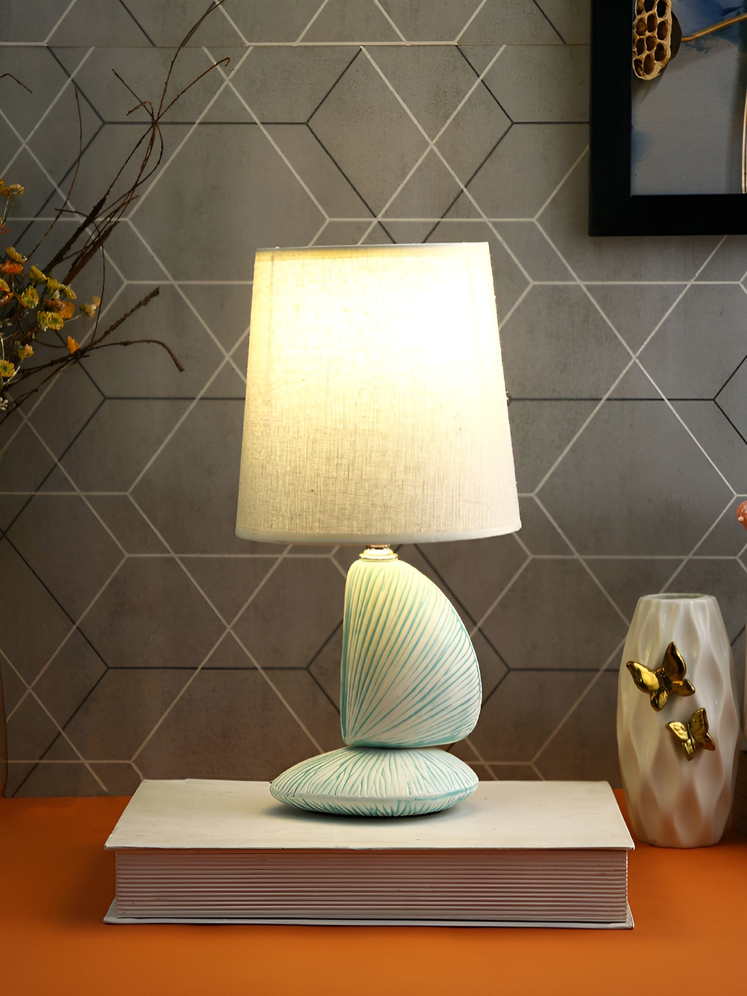 TAYHAA Blue and White Ceramic Contemporary Frustum Shaped Table Lamp