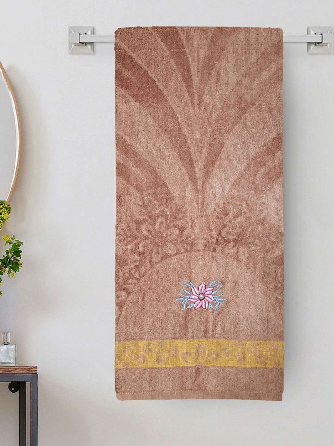 ANA Brown & Pink Floral Embroided 300 GSM Cotton Bath Towel