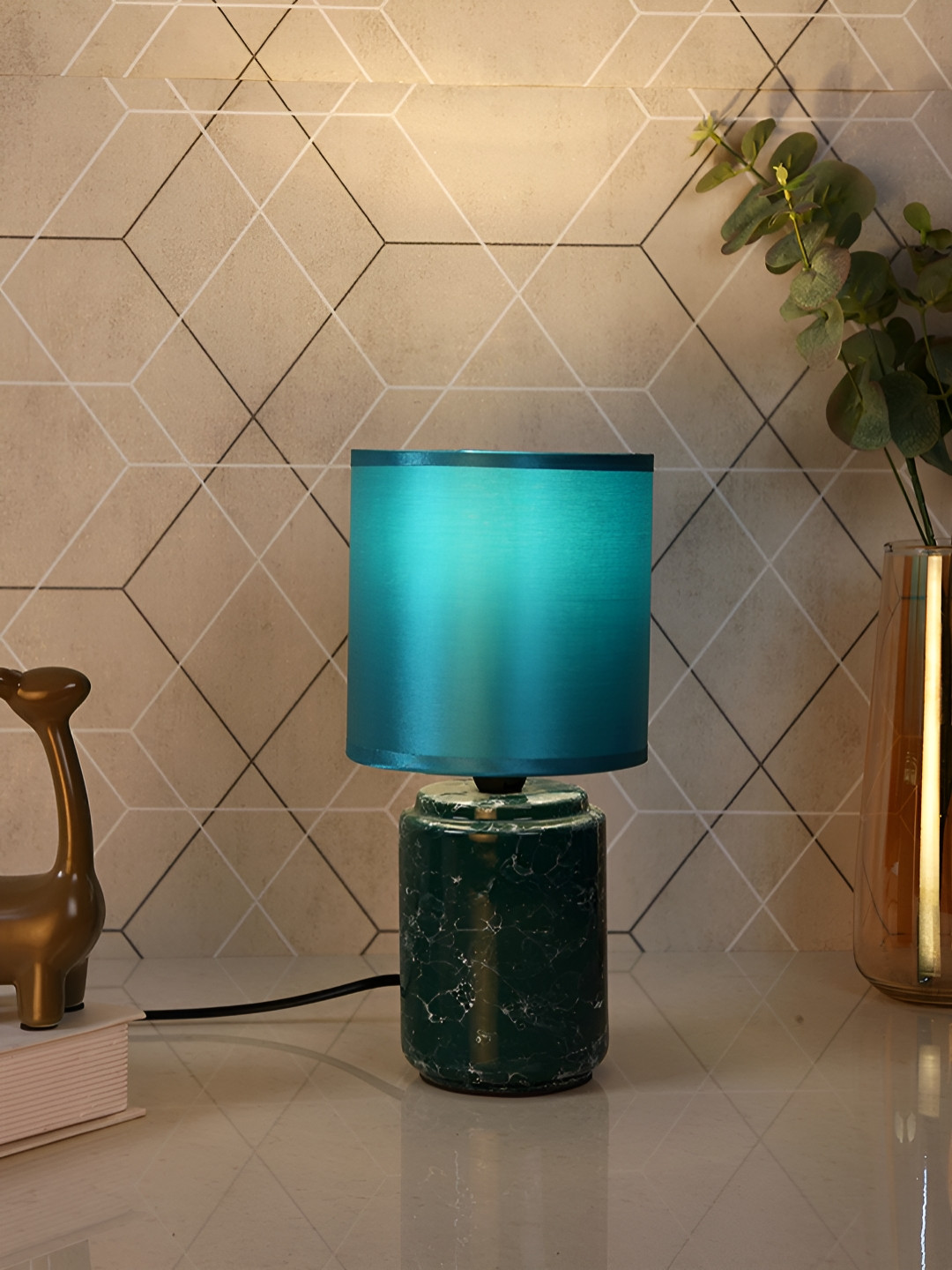TAYHAA Blue Ceramic Contemporary Cylindrical Shaped Table Lamp