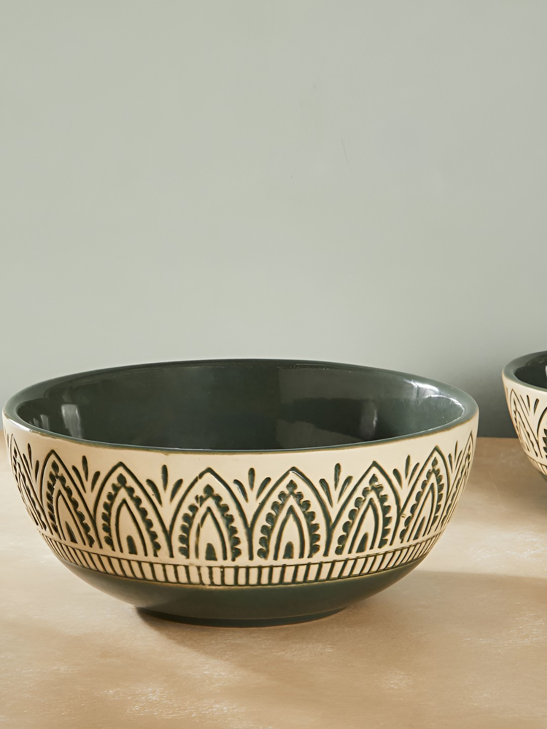 Fabindia Green & Cream Color Textured Ceramic Bowl