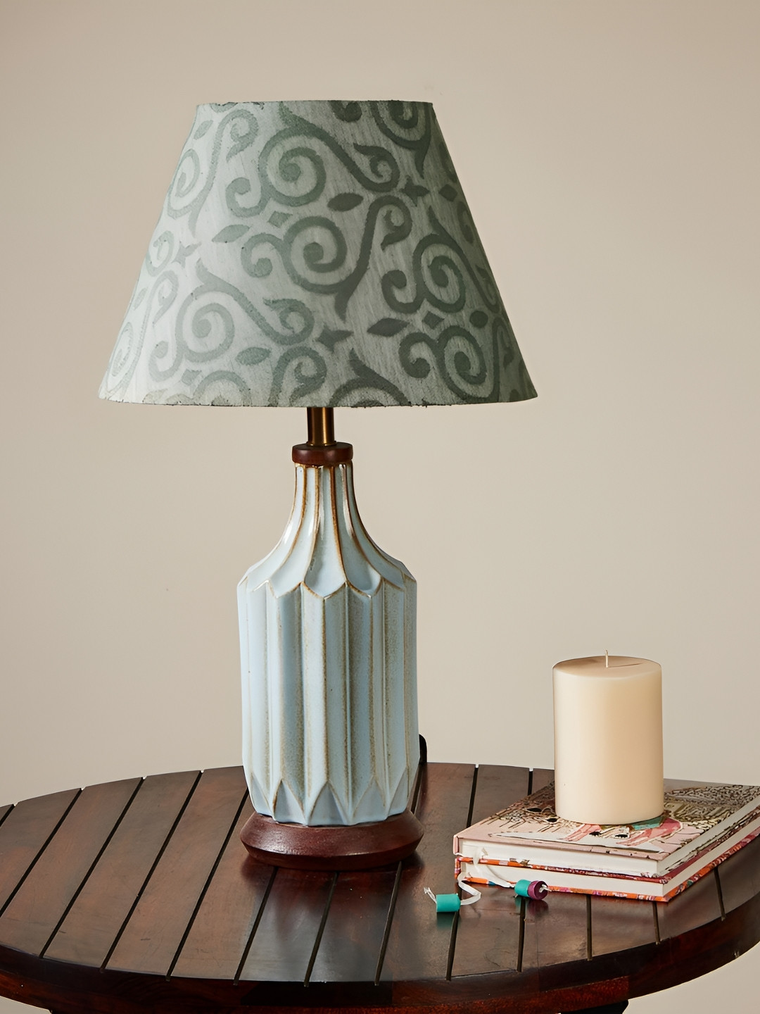 Fabindia Blue Ceramic Rasika Glazed Table Lamp With Shade