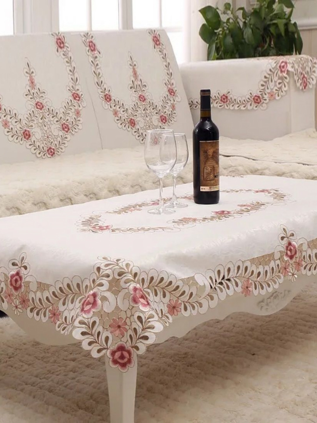 TANLOOMS Cream-Coloured & Pink 2 Seater Floral Embroidered Rectangle Table Cover