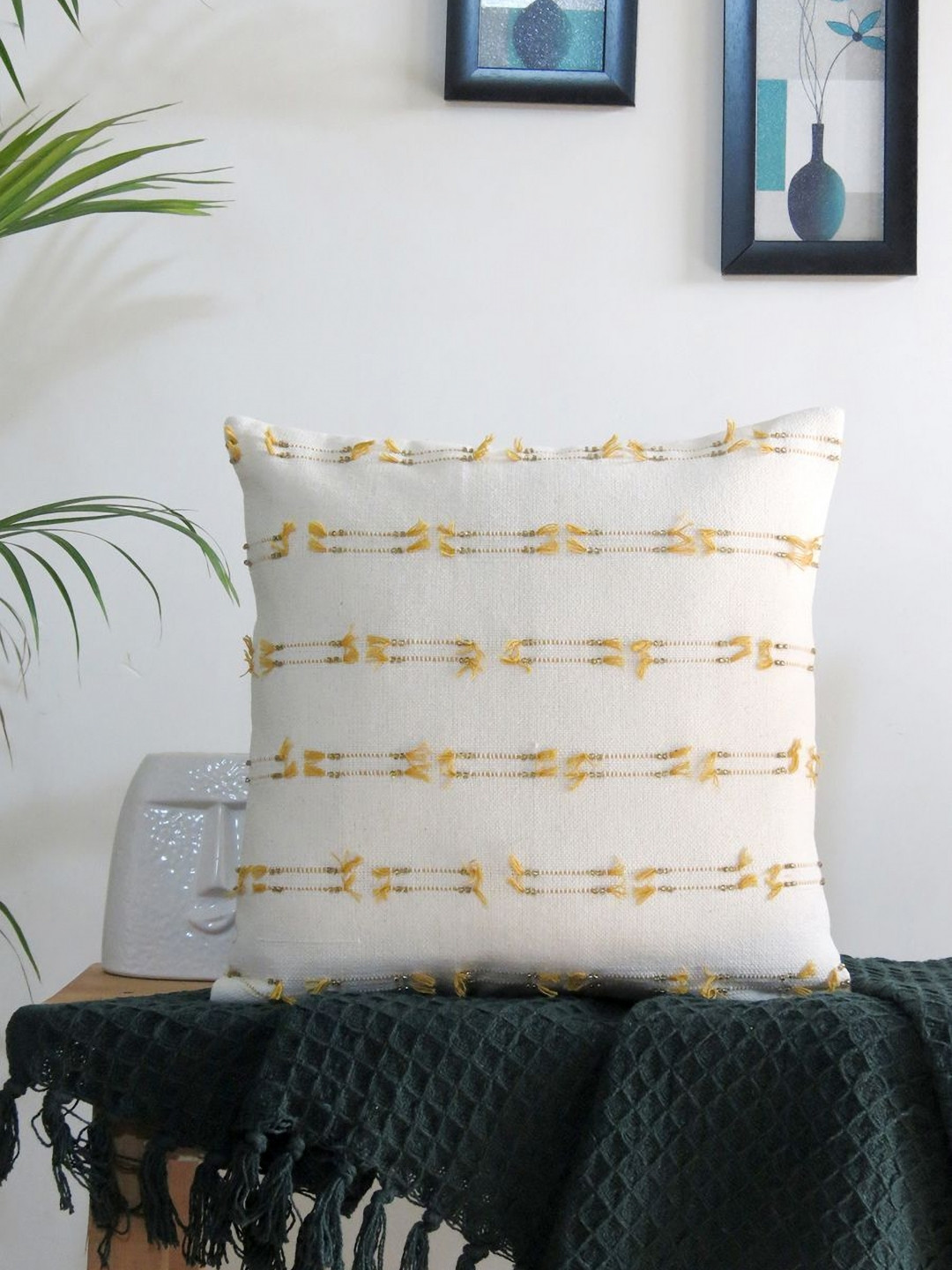 Mid July Home Day Out White & Yellow Cotton Geometric Square Cushion Covers