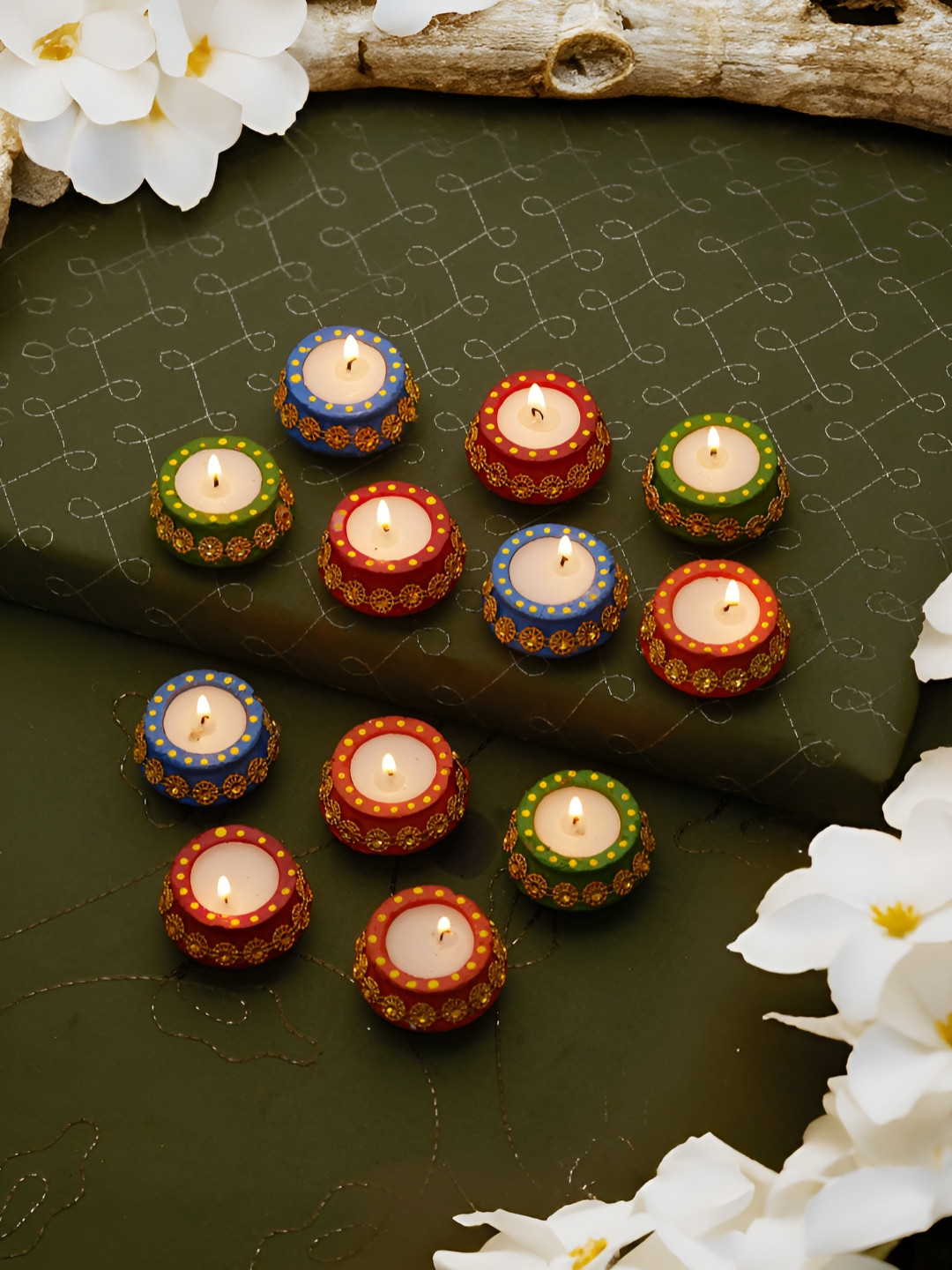 TIED RIBBONS Red & Green 12 Pieces Ethnic Motifs Printed Matka Shaped Terracotta Oil Diyas