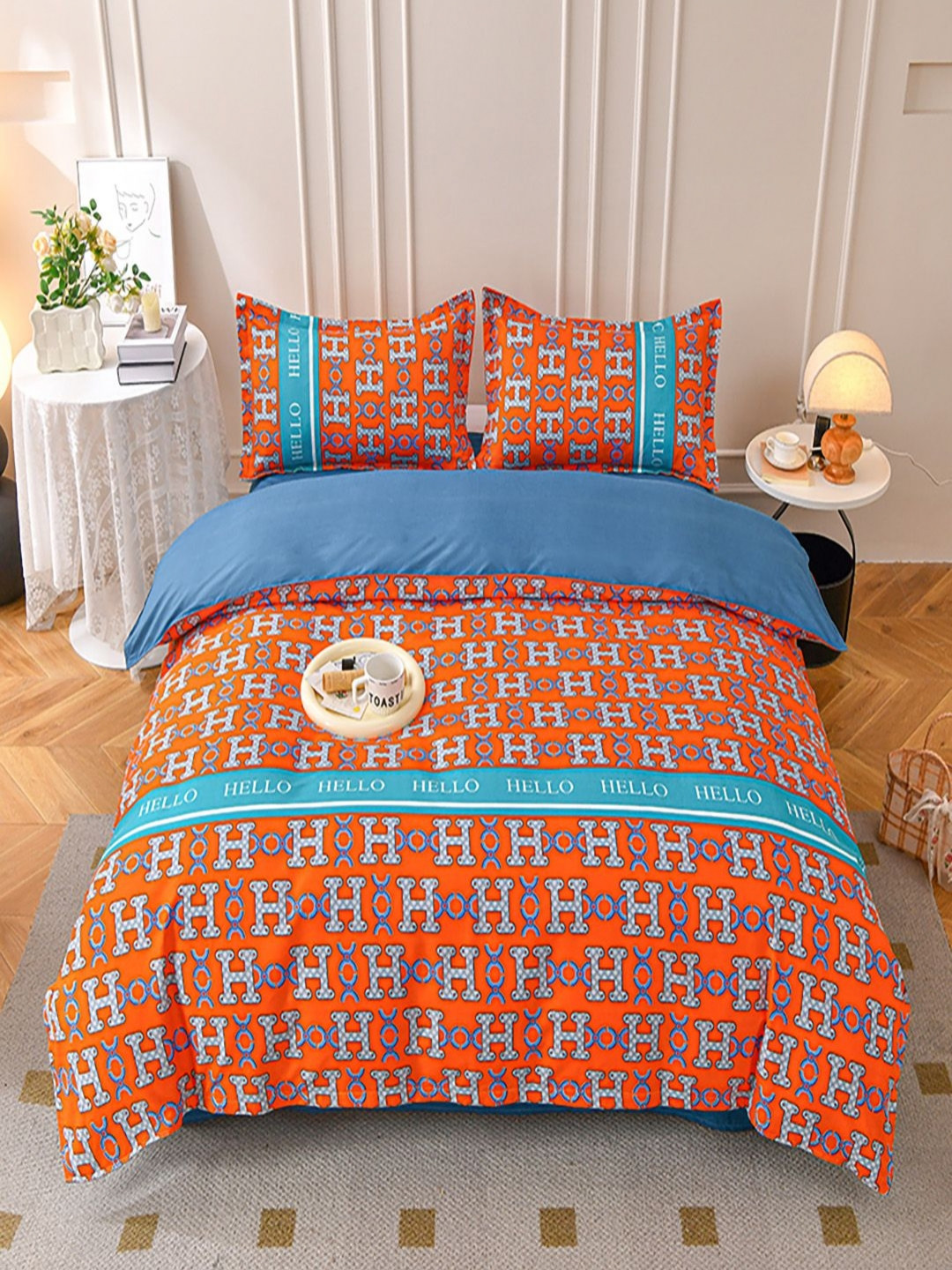 JC HOME Blue & Orange Colored Printed Double Extra Large Regular Bedding Set