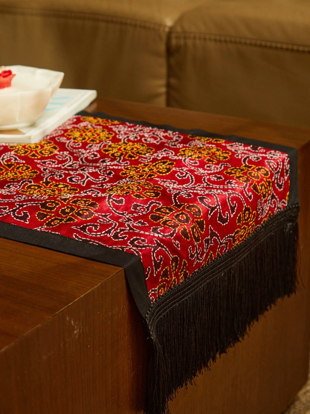 MAATIR DESIGNS Red & Black Floral Embroided Pure Silk Table Runner