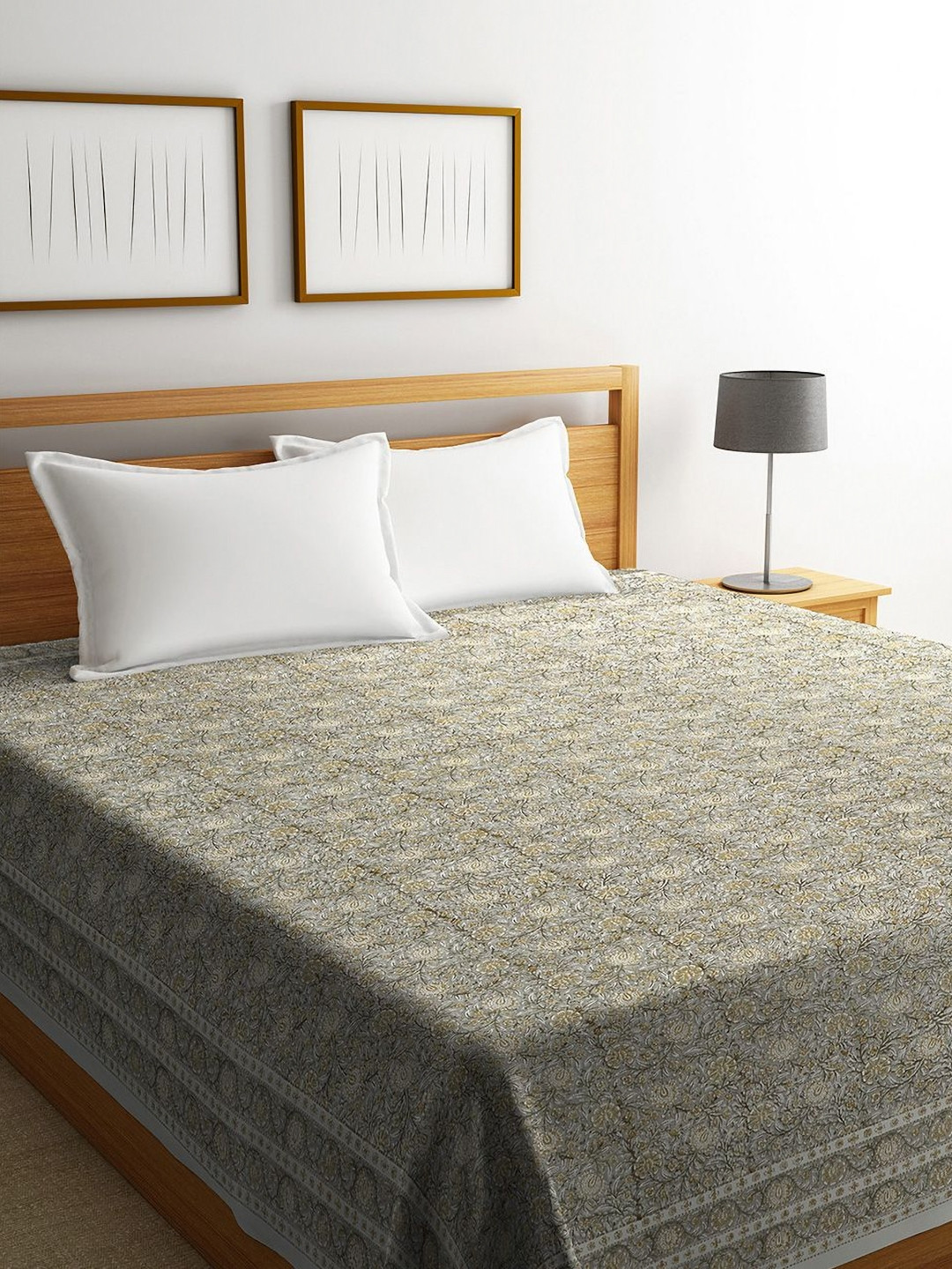 Fabindia Meghna Grey & Yellow Pure Cotton Floral Printed Queen Bed Cover