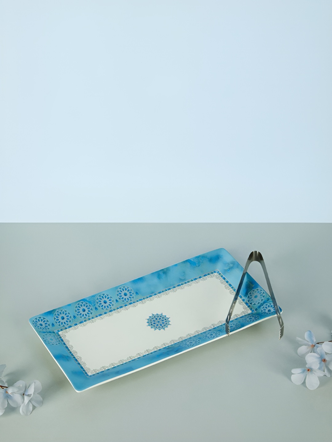 Fabindia Tuhina White & Blue 2 Pieces Printed Serving Food Platter And Tong With Box