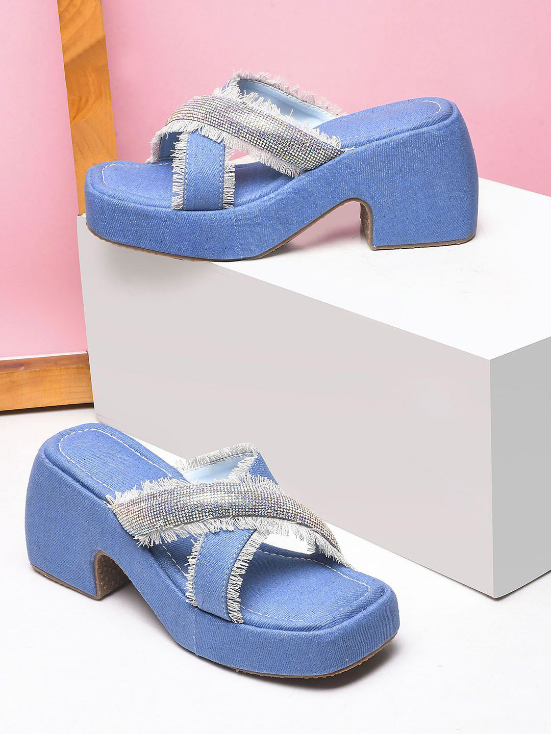 JM Looks Women Rhinestone Embellished Denim Block Sandals