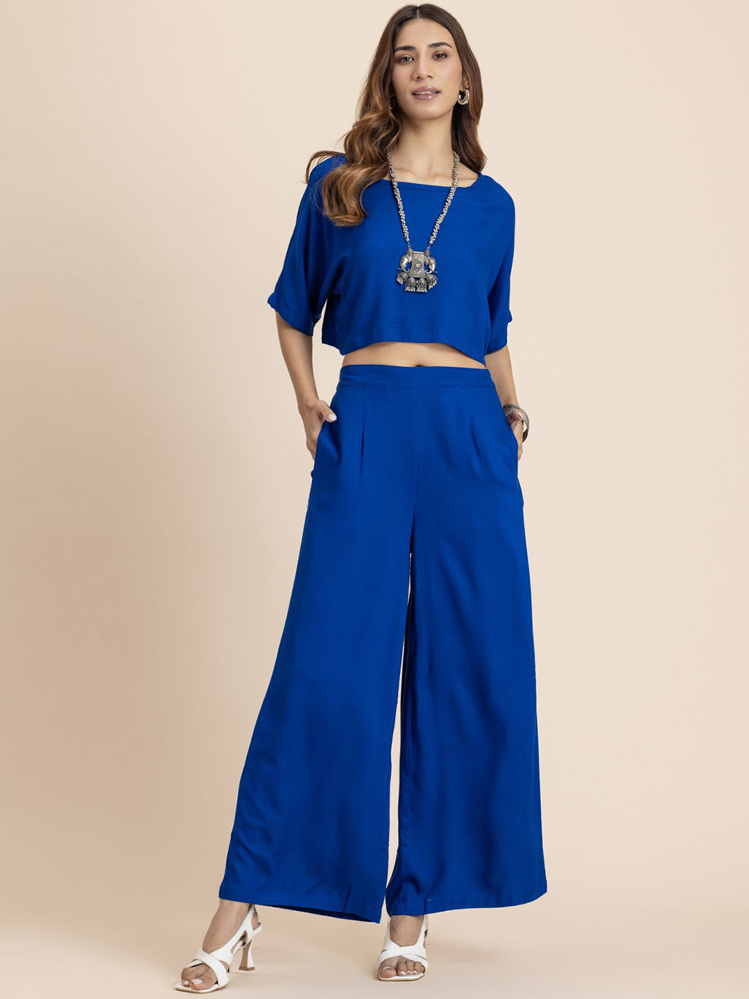 Moomaya Round Neck Boxy Fit Top With Palazzos