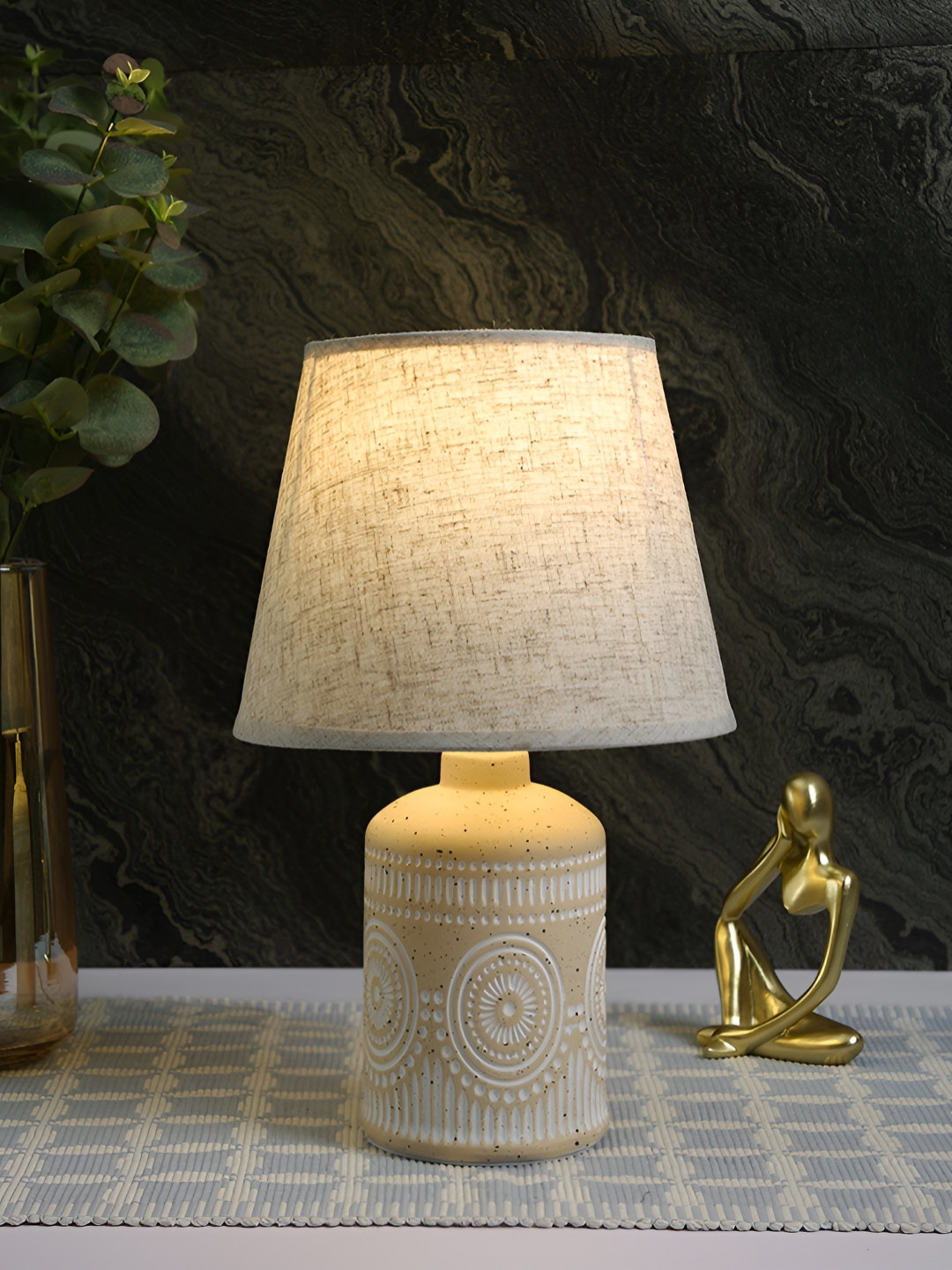 TAYHAA Beige and White Ceramic Textured Contemporary Frusturical Shaped Table Lamp