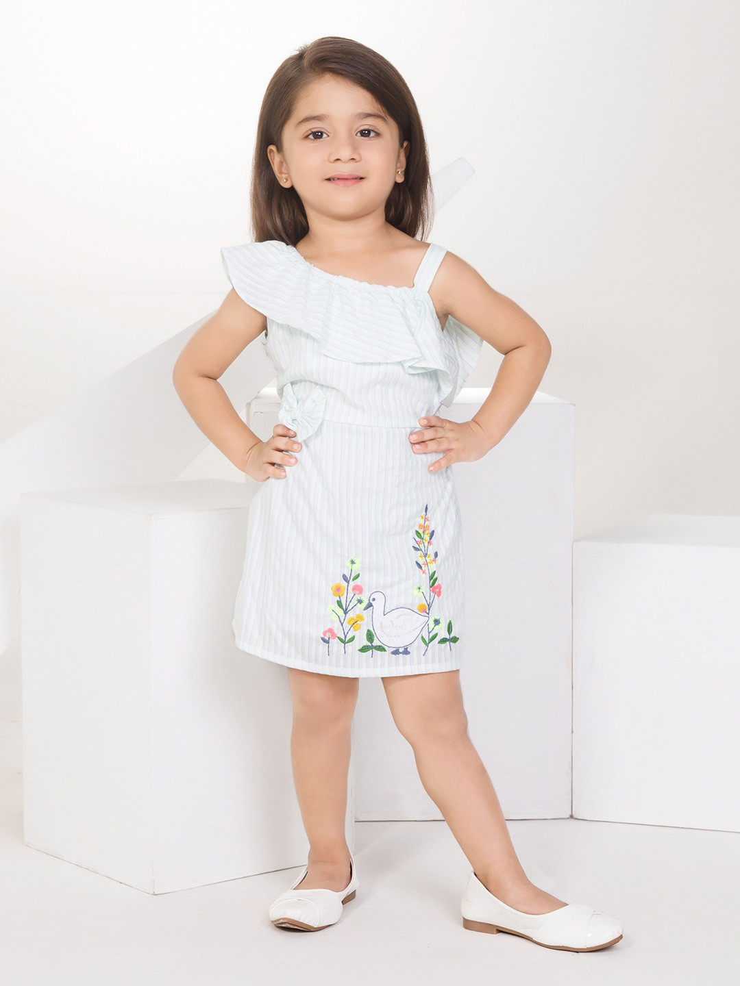 Peppermint Girls Striped One Shoulder A-Line Dress