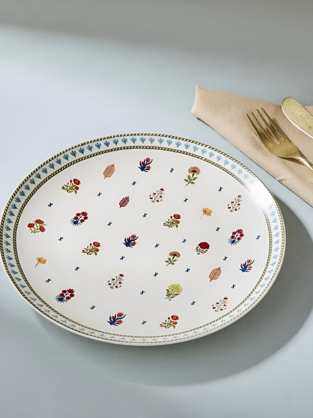 Fabindia Ramya White & Blue Printed Ceramic  Dinner Plate