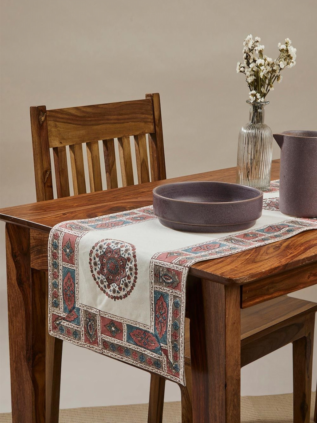 Fabindia Cerise Pink & White Floral Printed Pure Cotton Table Runner