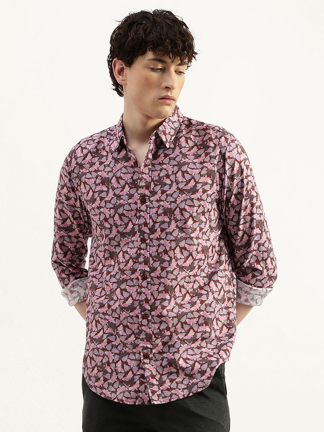 United Colors of Benetton Men Classic Spread Collar Floral Printed Cotton Casual Shirt