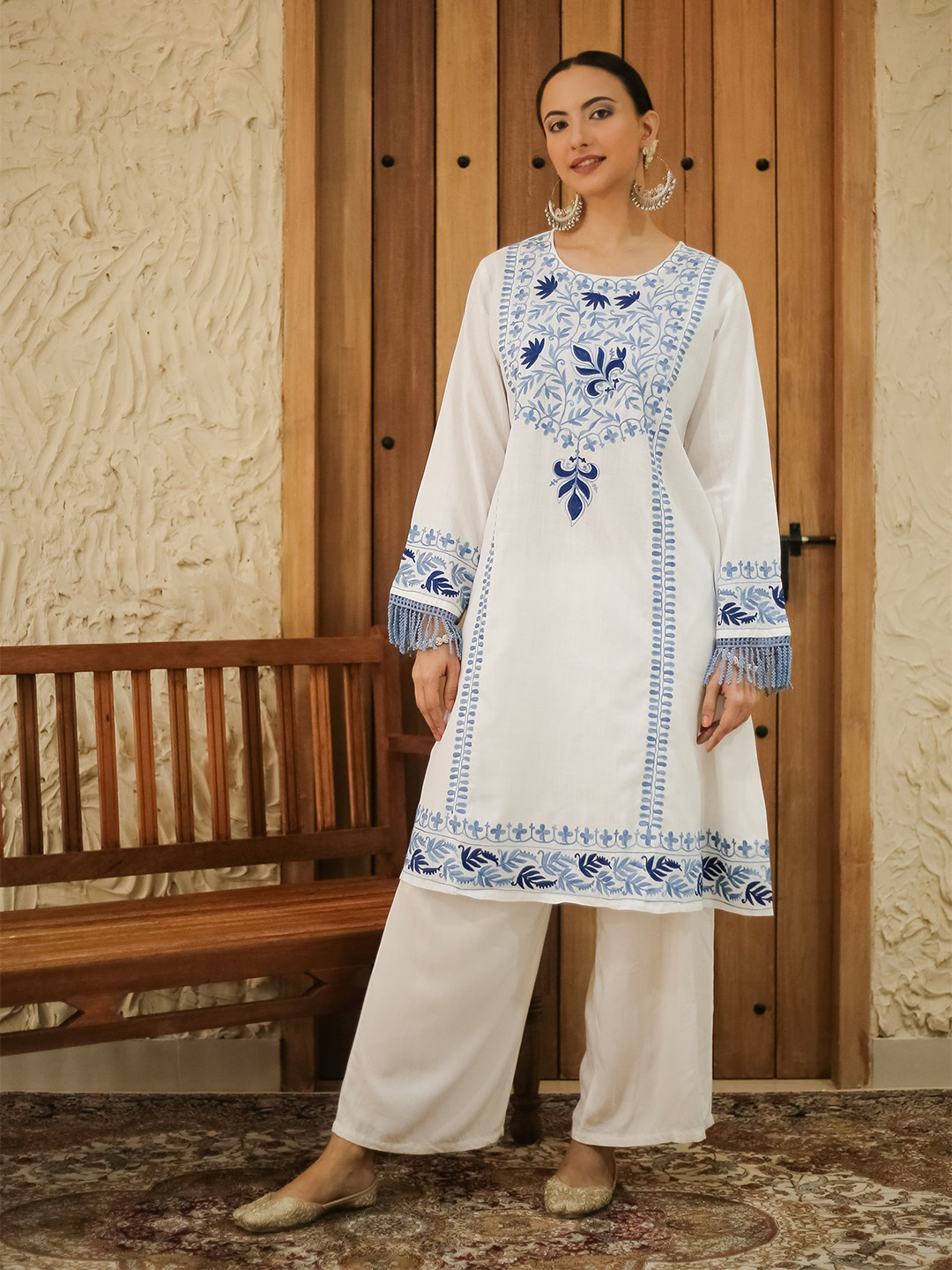 HOUSE OF KARI Falak Kashmiri Embroidered Flared Sleeves Thread Work Cotton A-Line Kurta