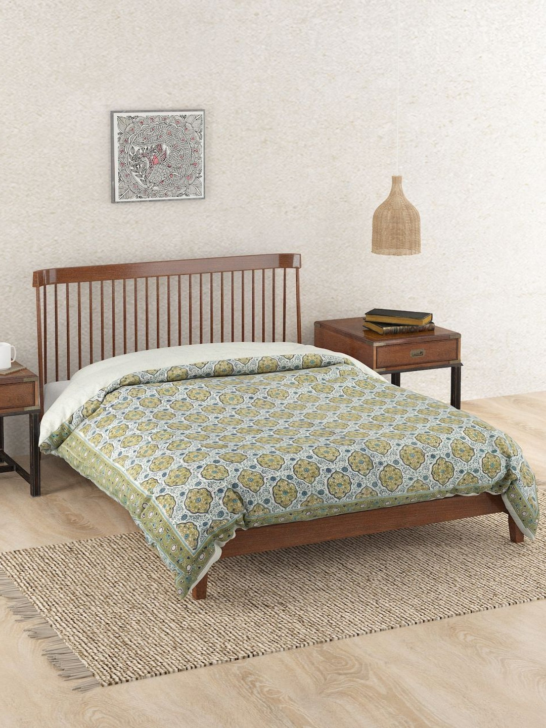 Fabindia Krisha Green Ethnic Motifs Printed 233 GSM Cotton Single AC Room Quilt