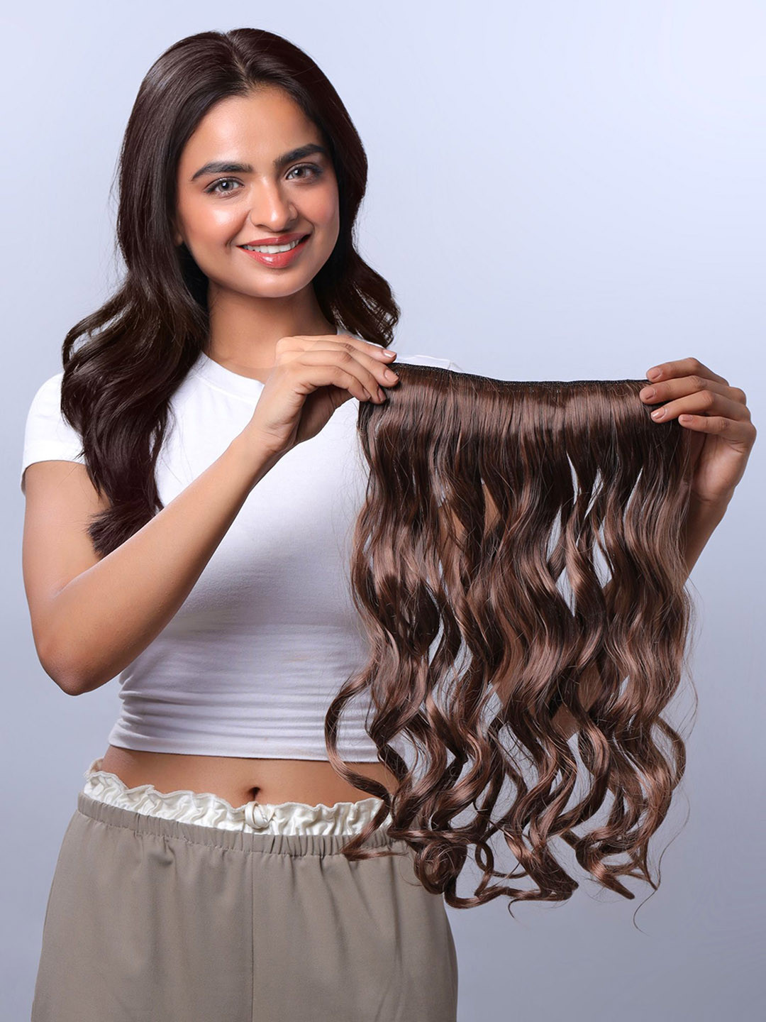 Yellow Chimes 5 Clips Long Wavy Hair Extensions-  Brown