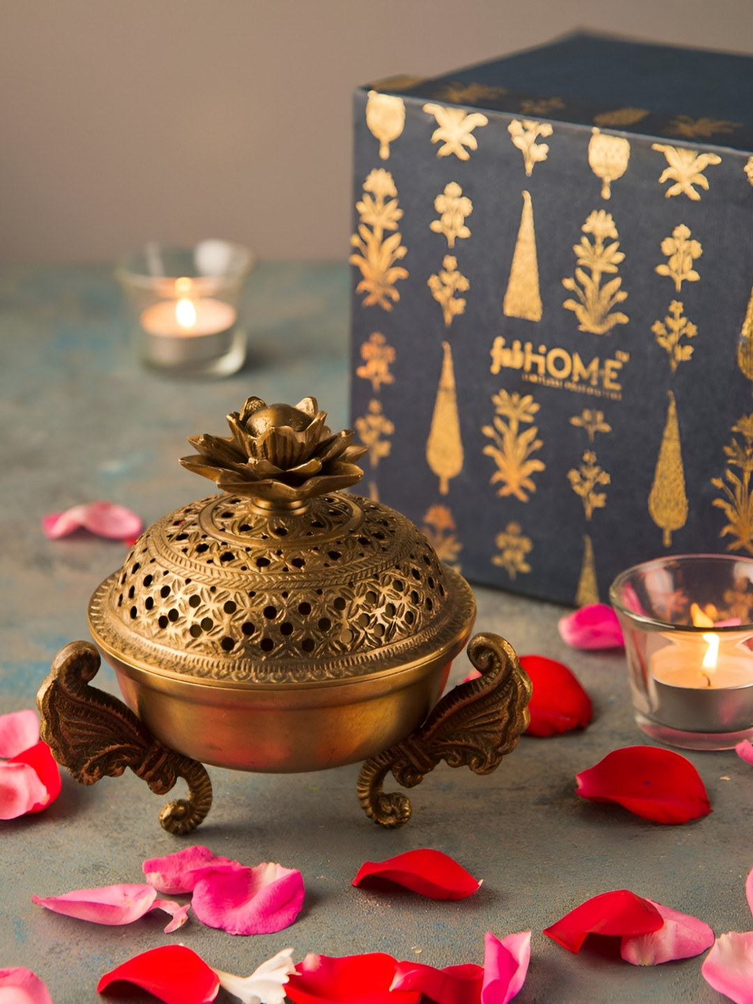 Fabindia Mehnoor Gold-Toned Texture Metal Dhoop Dani Pooja Gift Set