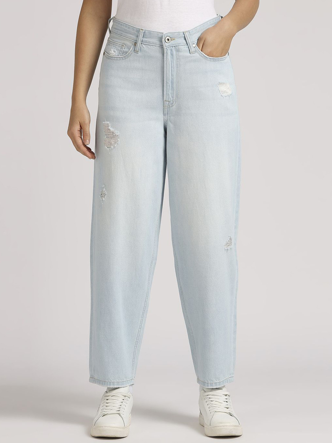 Pepe Jeans Women Straight Fit High-Rise Mildly Distressed Heavy Fade Jeans