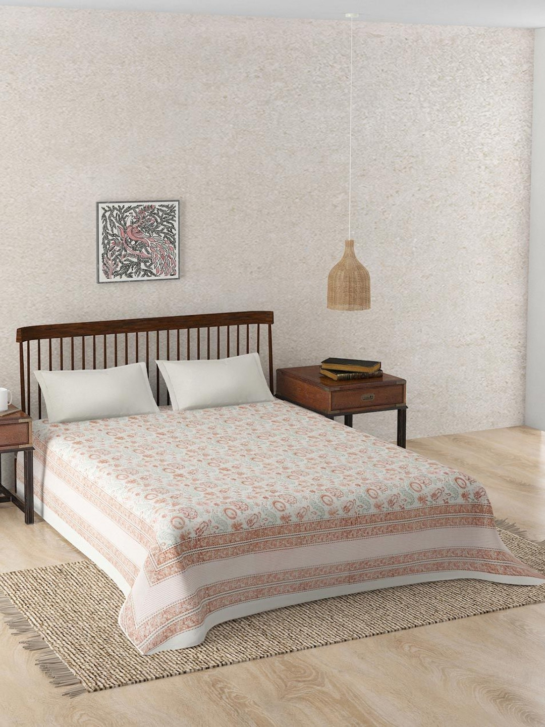 Fabindia Vardaniya Red & Green Floral Printed Cotton Double Bed Cover