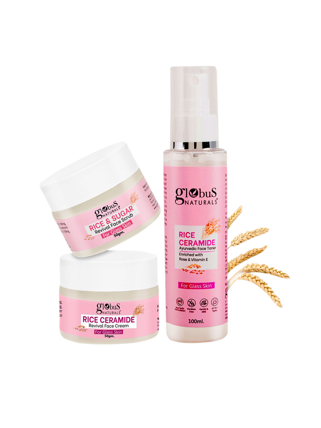 Globus naturals Set Of 3 Rice Ceramid Face Toner -100ml, Scrub-50g & Cream-50g
