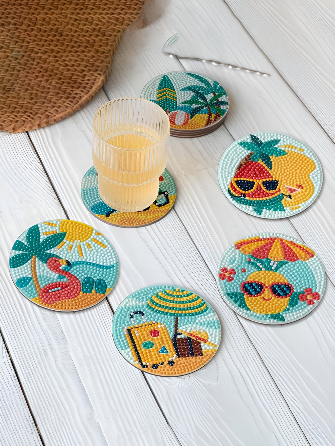 Ekhasa Blue & Yellow 6 Pieces Textured Arcylic Beads Coasters