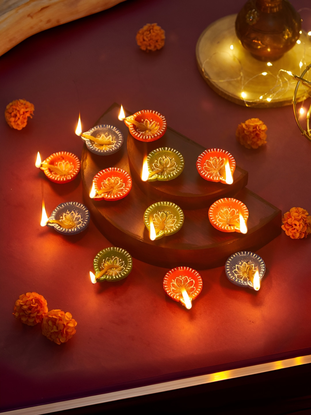 TIED RIBBONS Red & Green 12 Pieces Floral Printed Terracotta Oil Diyas