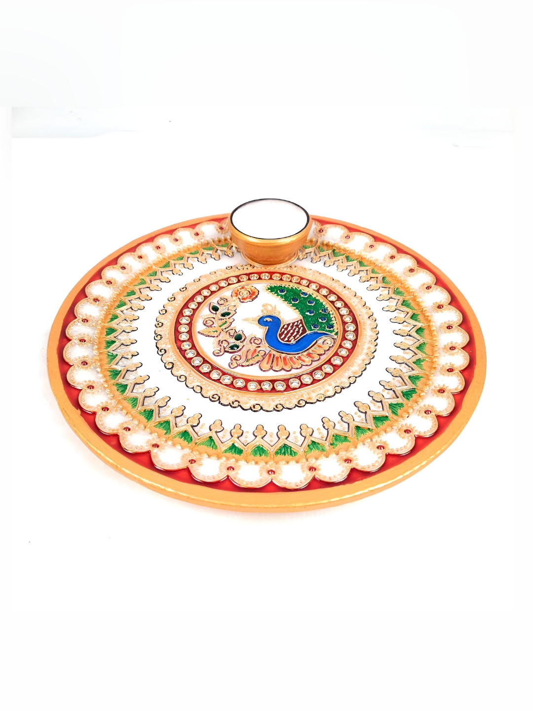 apka mart White & Blue Printed Marble Pooja Thali With Diya