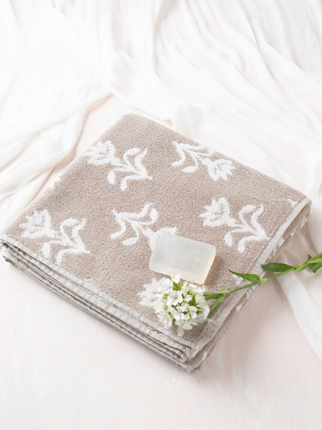 Fabindia Vikal Beige & White Floral Cotton 570 GSM Pile Hand Towel