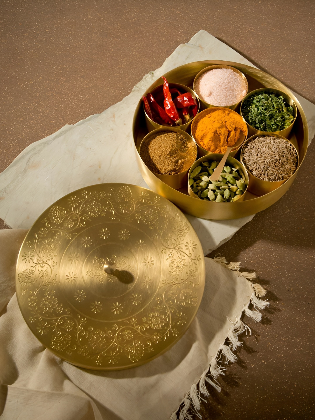 Fabindia Rasa Brass-Toned 9 Pieces Textured Metal Spice Box