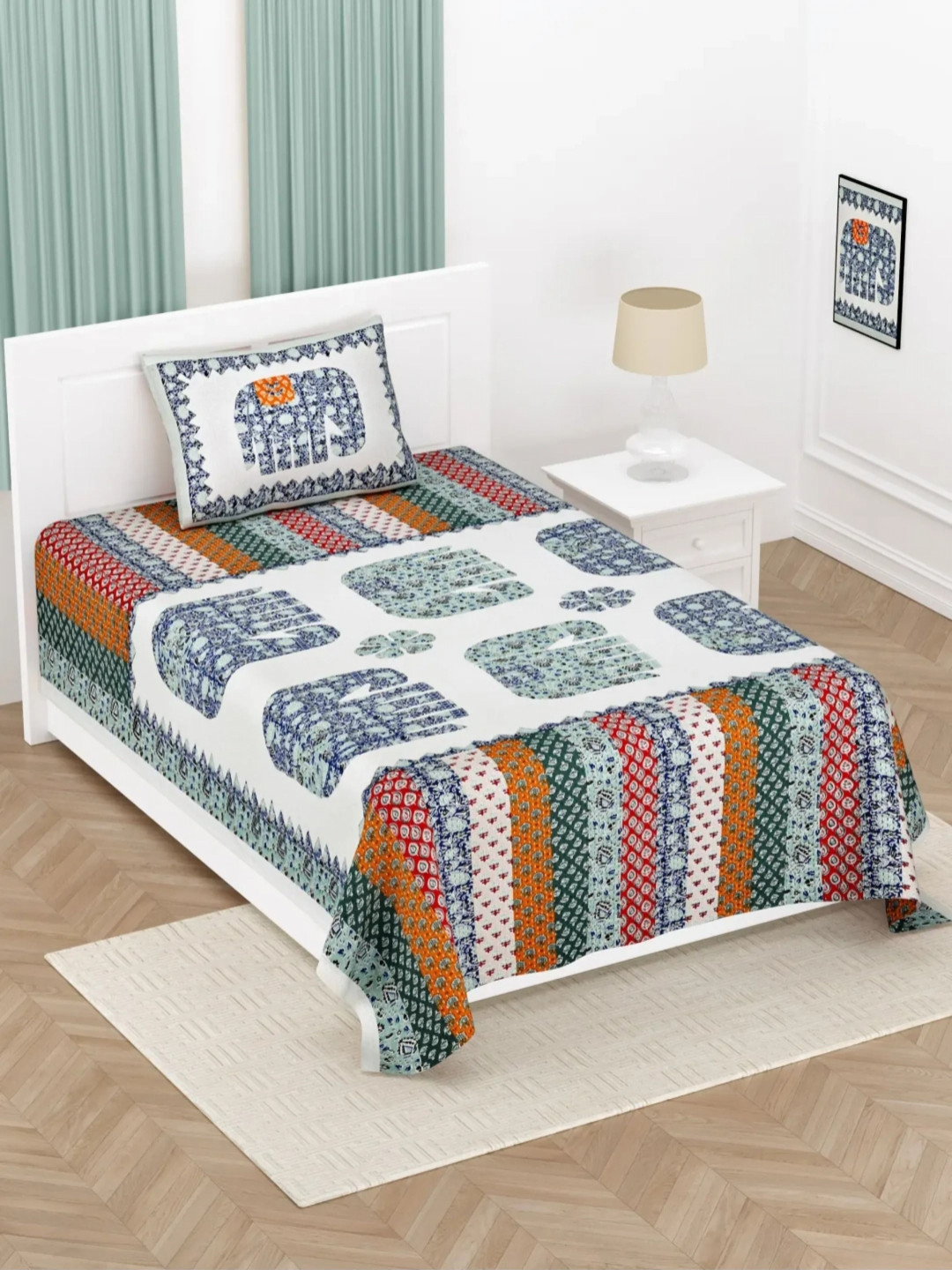 LIVING ROOTS White & Blue Ethnic Motifs Cotton 144 TC Single Bedsheet with 1 Pillow Cover