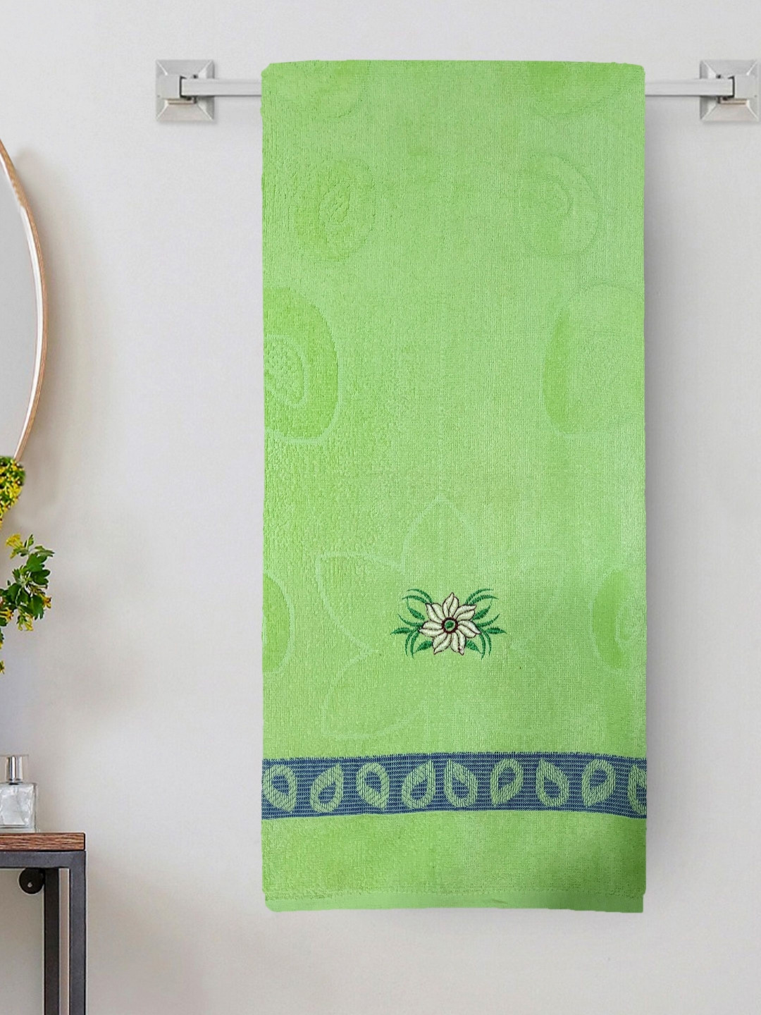 ANA Green & White Floral Embroided 300 GSM Cotton Bath Towel