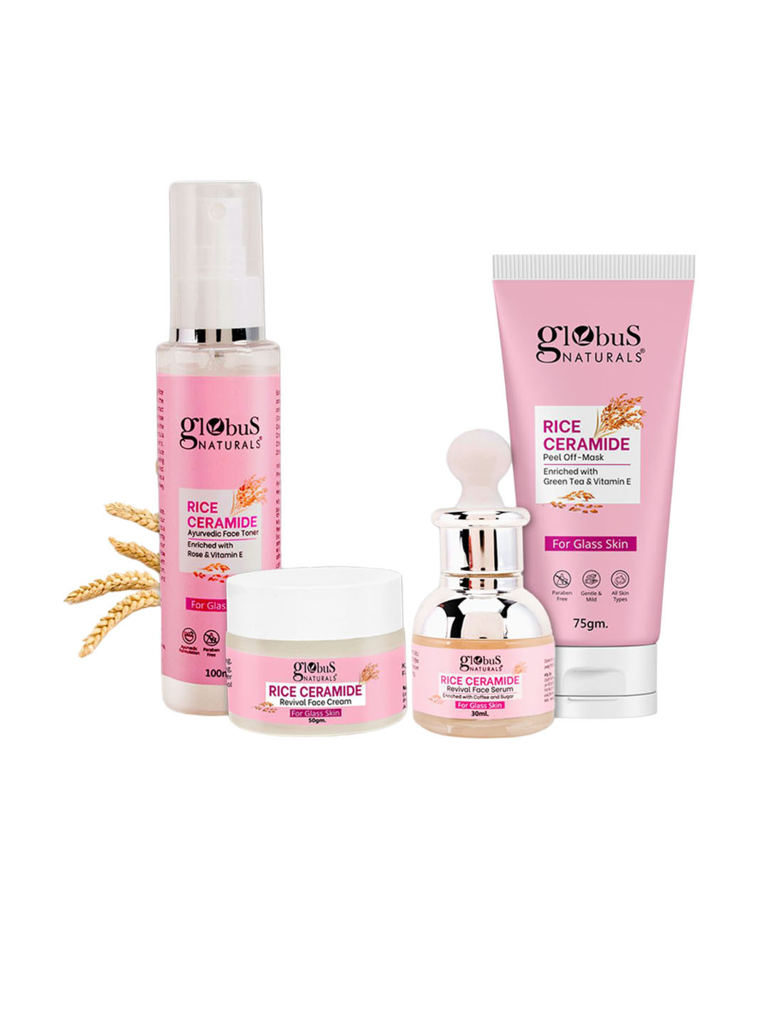 Globus naturals Set Of 4 Rice Ceramide Combo Face Toner, Face Cream, Face Serum-255ml