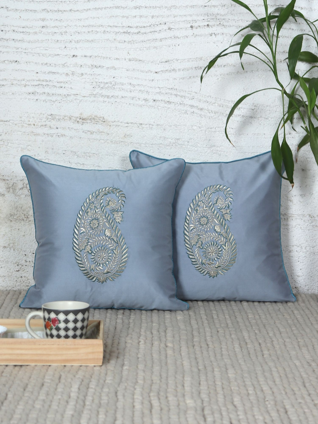 ZEBA Ethnic Motifs Polyester Anti-Wrinkle 2 Pcs Embroidered Cushion Covers -15.7x15.7In