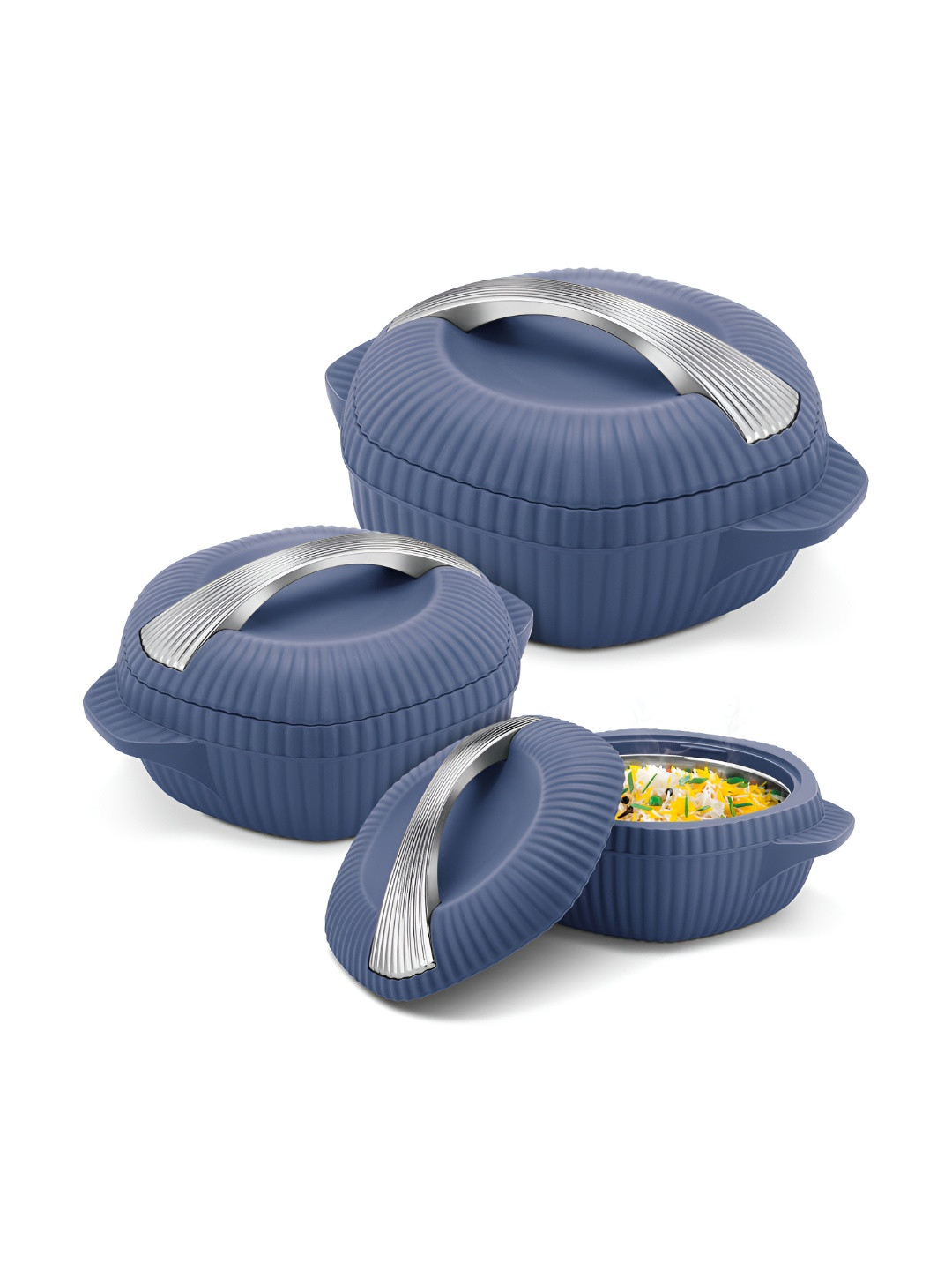 Milton Oyster Reg Blue & Silver Toned 3 Pieces Textured Stainless Steel Casserole