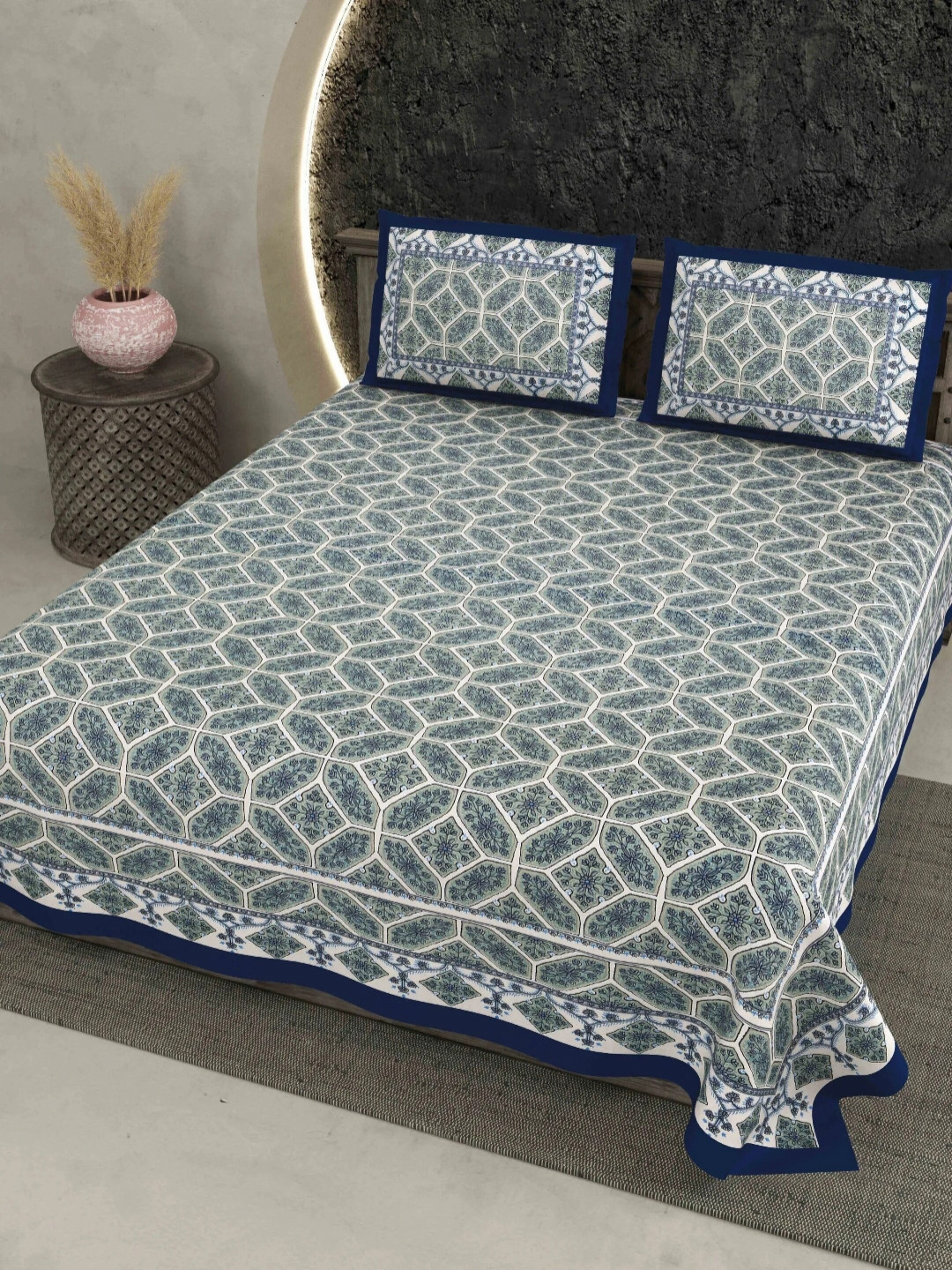 LIVING ROOTS Jaipur Blue Floral Pure Cotton 210 TC King Fine Bedsheet with 2 Pillow Covers-86 x 104 inches
