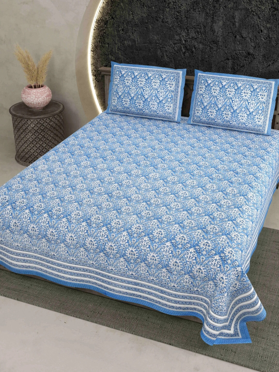 LIVING ROOTS Blue Floral Cotton Skin-Friendly 210 TC King Fine Bedsheet with 2 Pillow Covers-218 x 264 cm