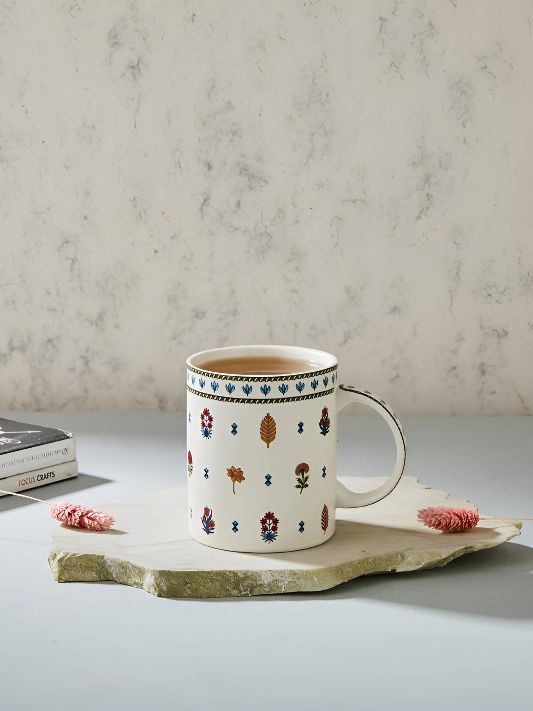 Fabindia New Modern Design White Floral Ceramic Handmade Mug-280ml