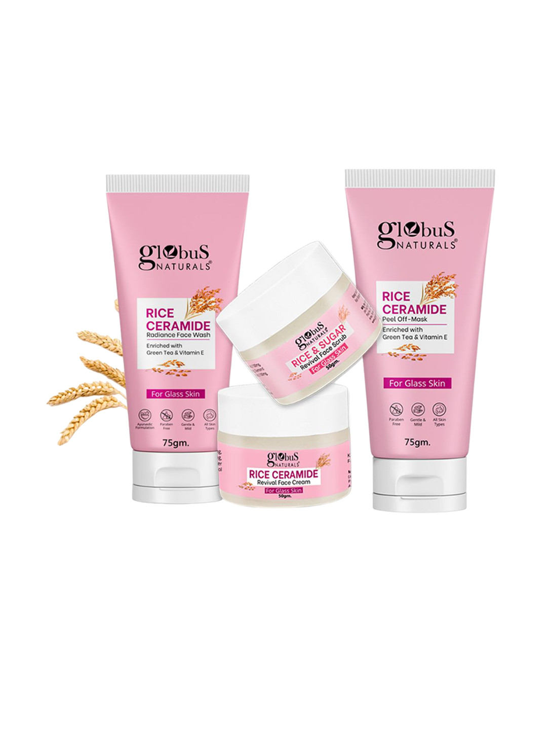 Globus naturals Set Of 4 Rice Ceramide Face Wash -Scrub -Cream & Peel-Off Mask