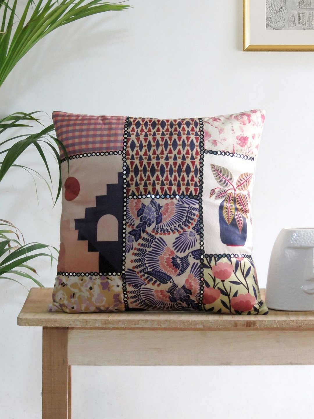 Mid July Home Blue Floral Velvet Washable Patchwork Square Cushion Cover -16x16In