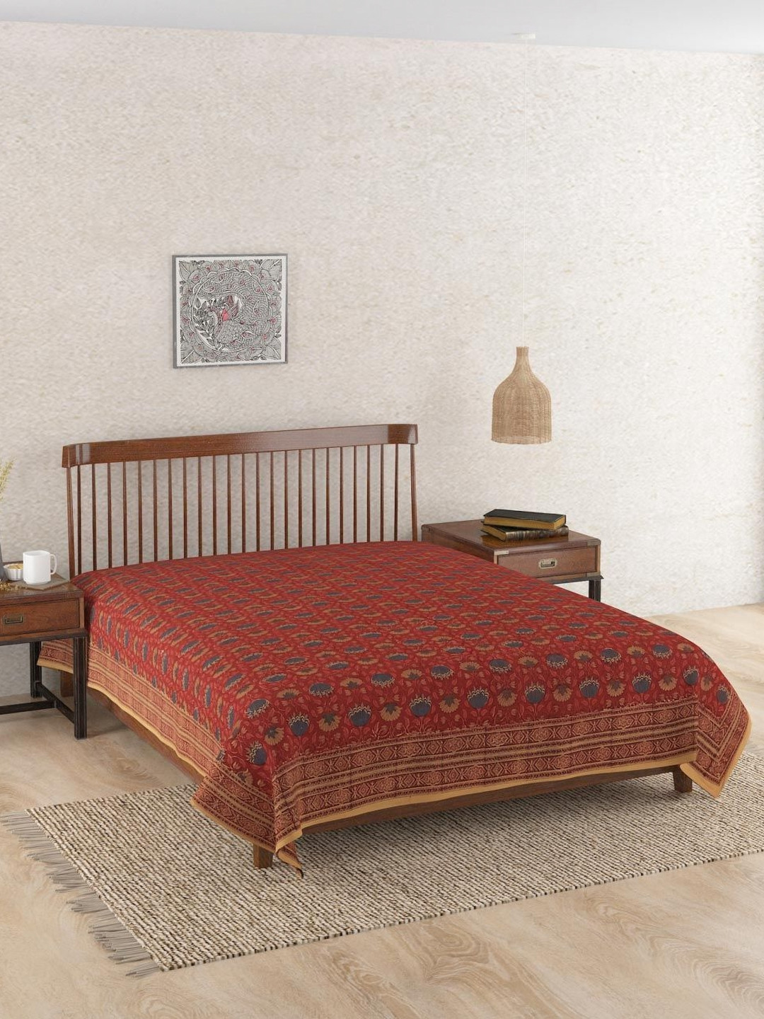 Fabindia Kamal Red & Beige Floral Printed 120 TC Cotton Single Bed Cover