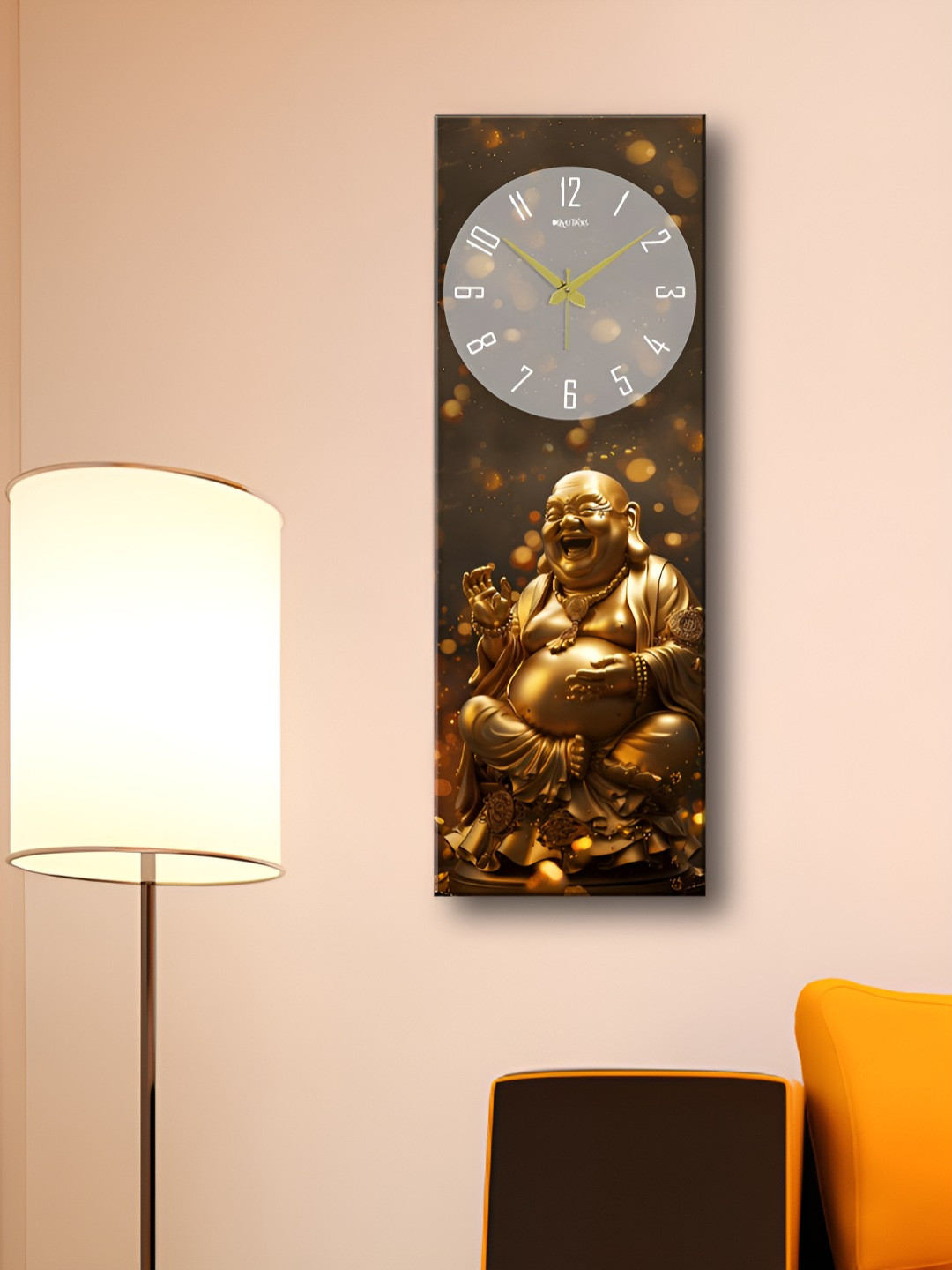 OLIVE TREE Brown & Gold-Toned Laughing Buddha Printed Analogue Wooden Wall Clock