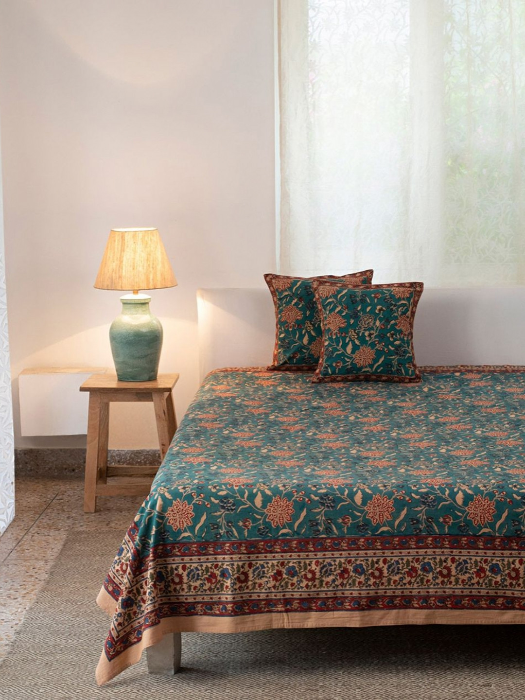 Fabindia Mehulika Teal Green & Red Floral Printed Cotton Single Bed Cover