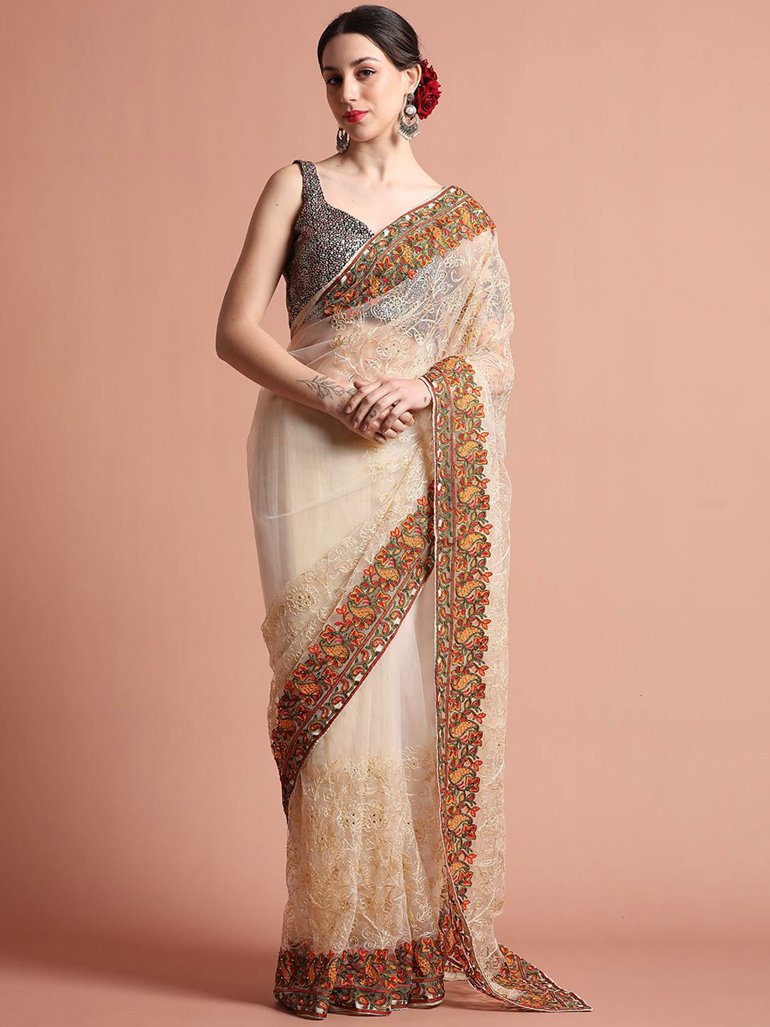 Jaipur Kurti Floral Embroidered Net Party Wear Saree