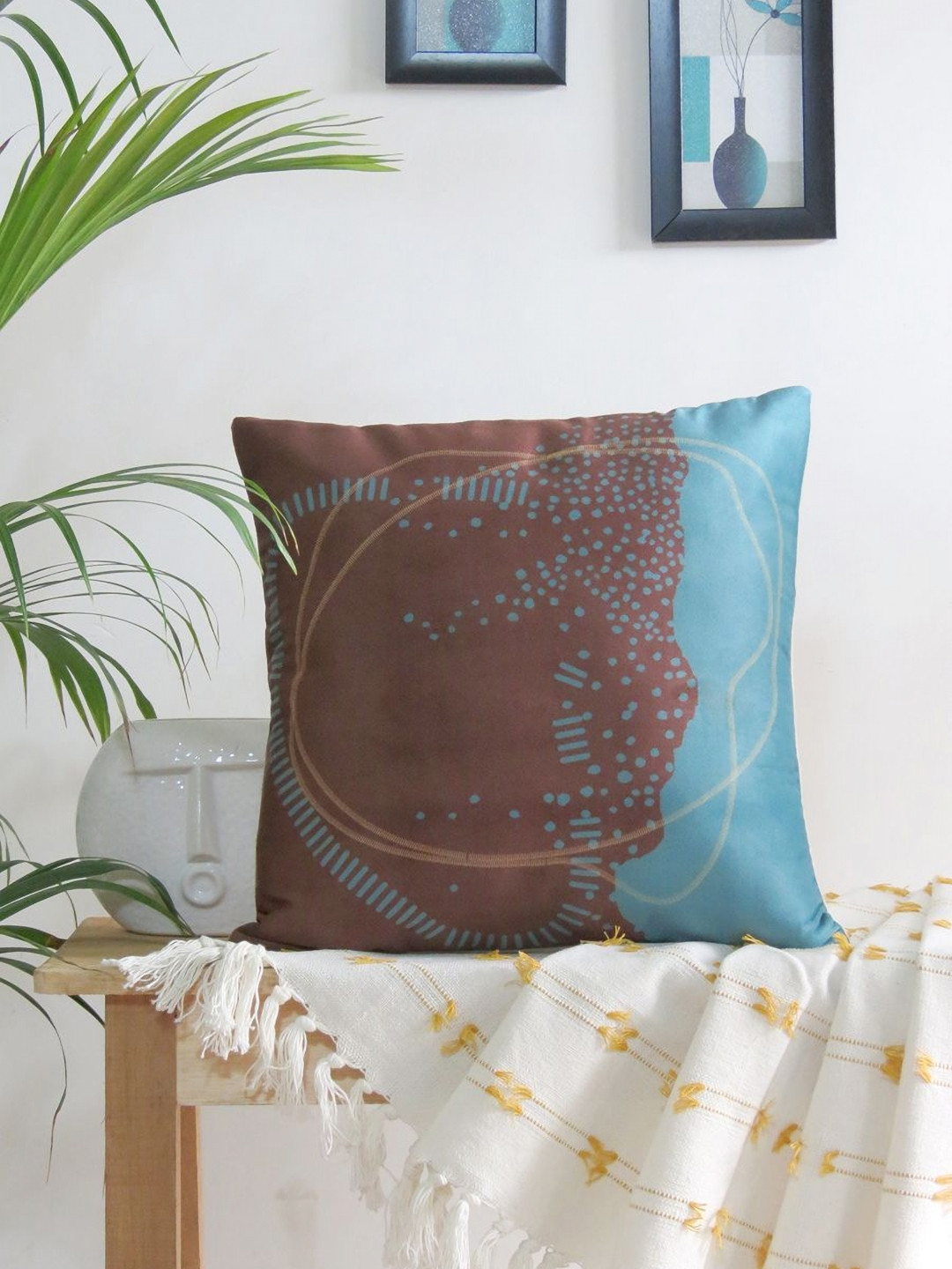 Mid July Home Nature-Inspired Blue & Brown Abstract Square Cushion Cover